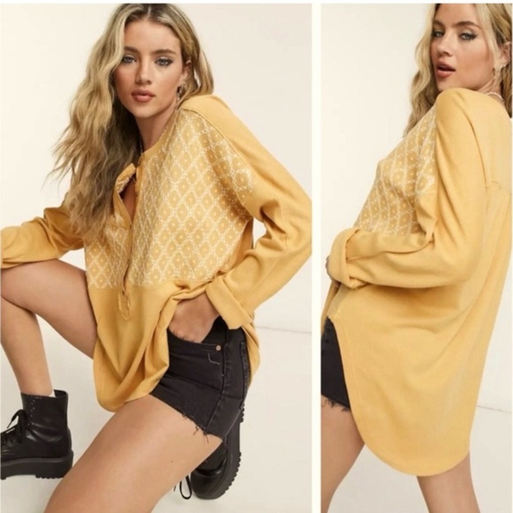 Free People We The Free Spirit Henley Oversized Embroidered Top M